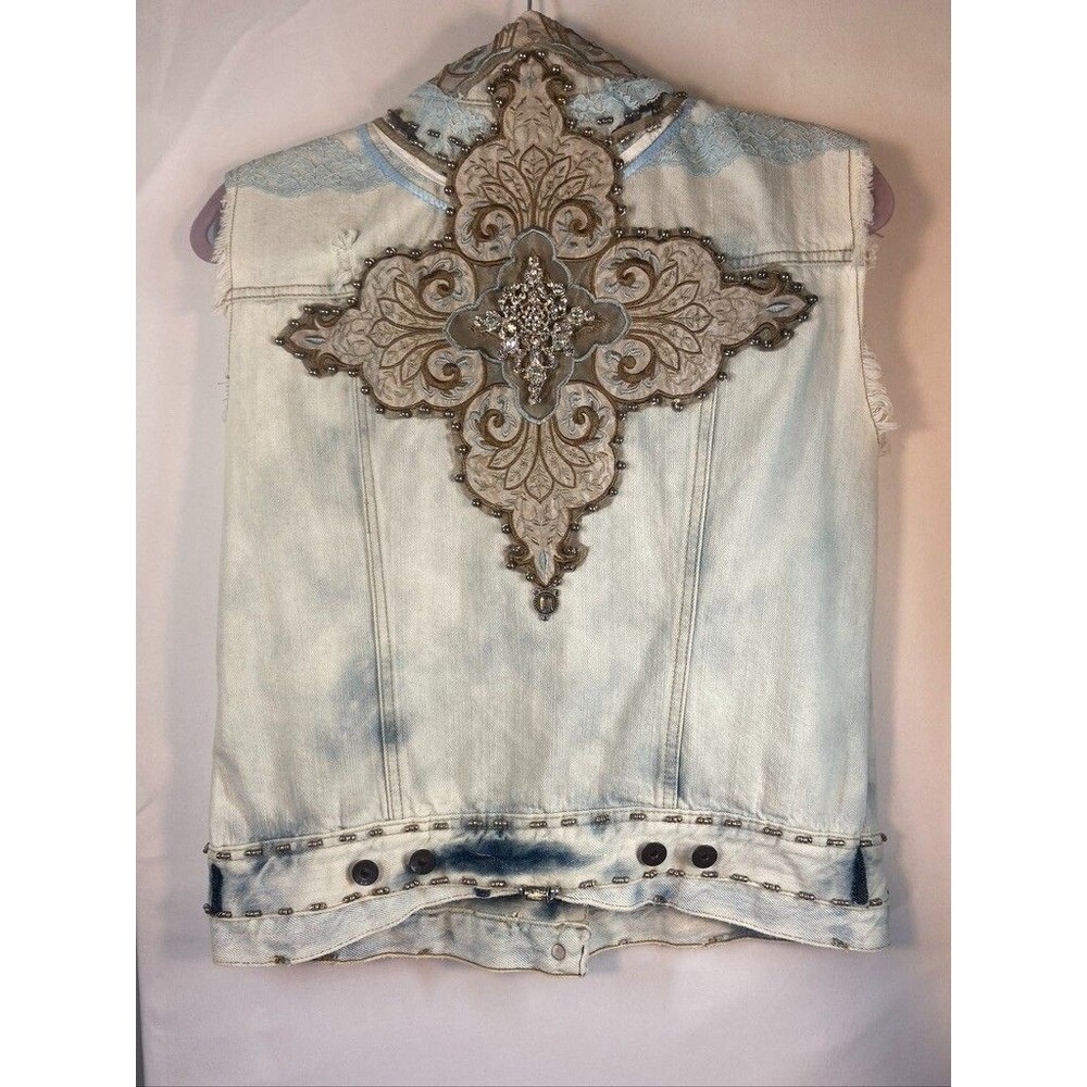 MUDD JUNIORS XLARGE DENIM VEST LACE SEQUINS BEADS BOHO HIPPIE HANDMADE - Picture 6 of 6